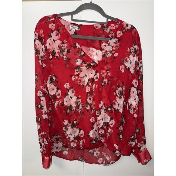 Kut From The Kloth Red Floral Semi Sheer Blouse Size L Lagenlook Boho Dressy - Picture 3 of 15